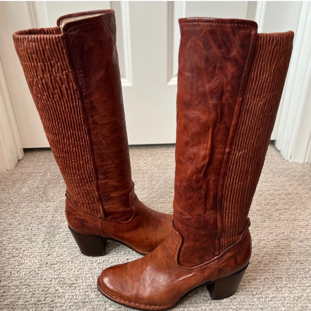 FRYE Brown Leather Stretch Calf Lucinda Heeled Boho Coastal Cowgirl Boots 7.5